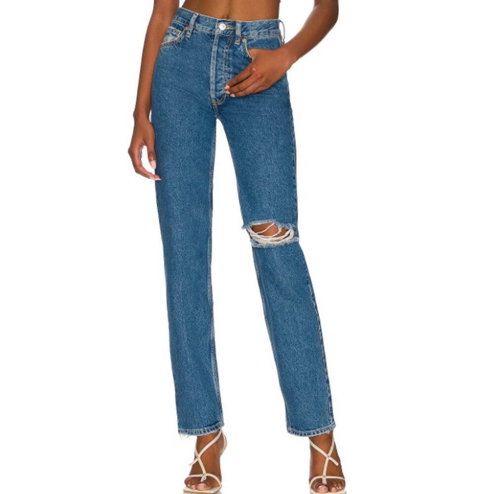 Free People Lasso Straight Leg Jeans Ripped Knee 100% Cotton Denim Button Fly